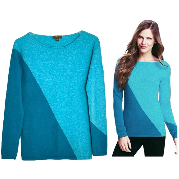 Lauren Hansen Sweaters - LAUREN HANSEN CASHMERE BLUE ASYMMETRICAL PRINT BLUE PULLOVER SWEATER SZ S